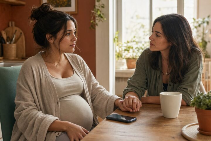 Pregnant woman sits at a kitchen table with a phone face-down while a supportive friend holds her hand.