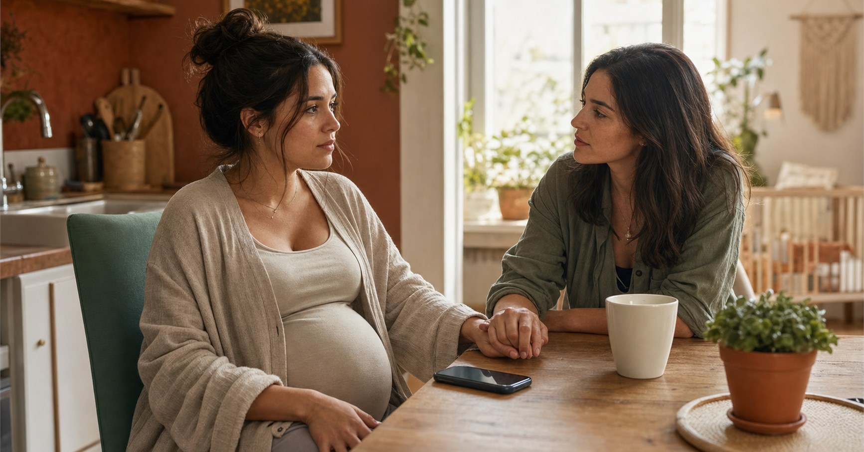 Pregnant woman sits at a kitchen table with a phone face-down while a supportive friend holds her hand.