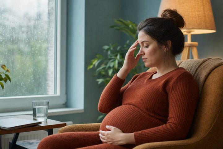 Pregnant woman rests her fingertips at her brow beside a closed laptop and a glass of water.