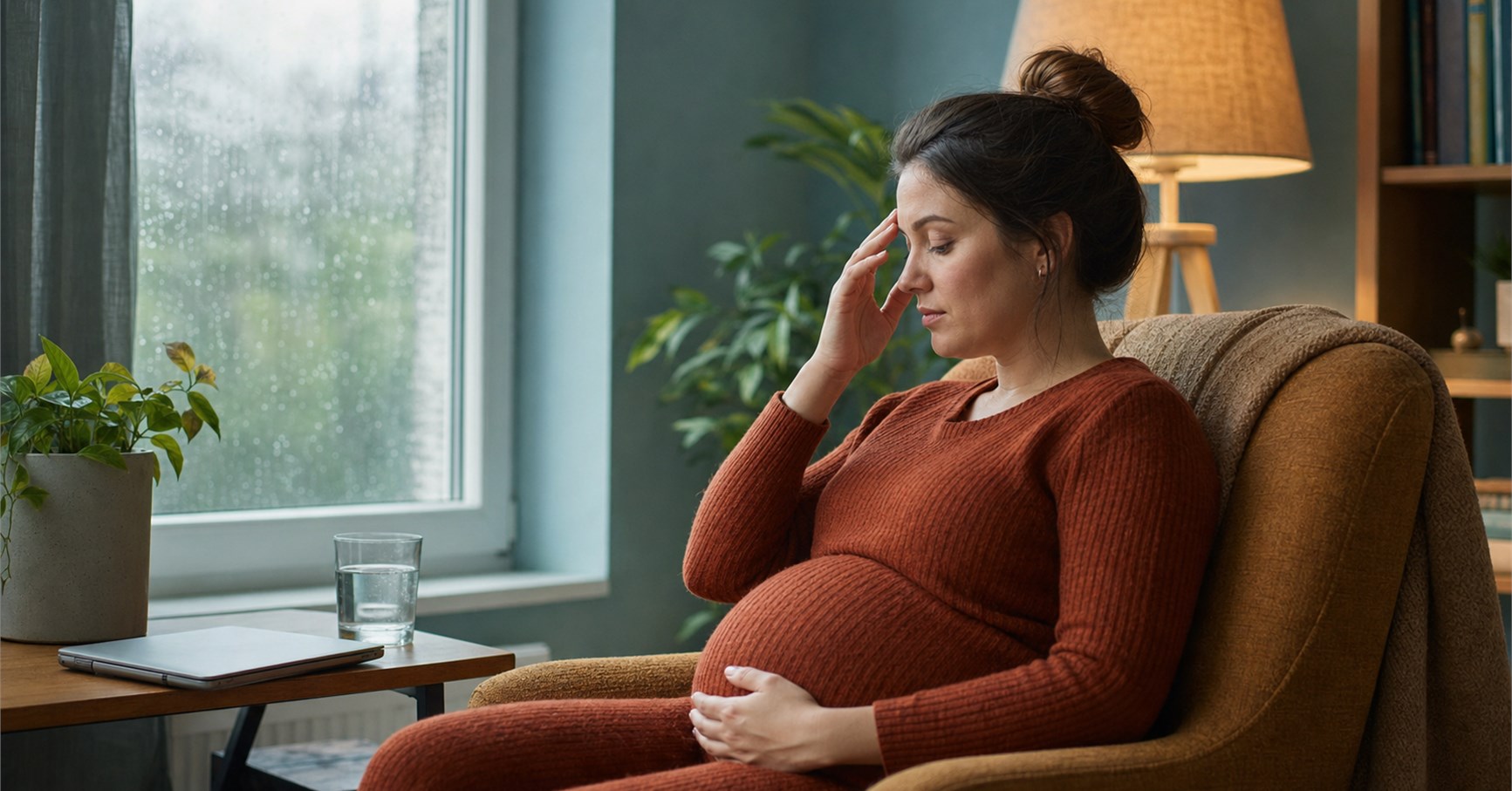 Pregnant woman rests her fingertips at her brow beside a closed laptop and a glass of water.