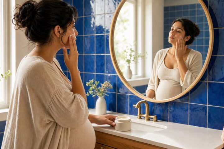 Pregnant woman dabs moisturizer on her cheek while looking into a round bathroom mirror.