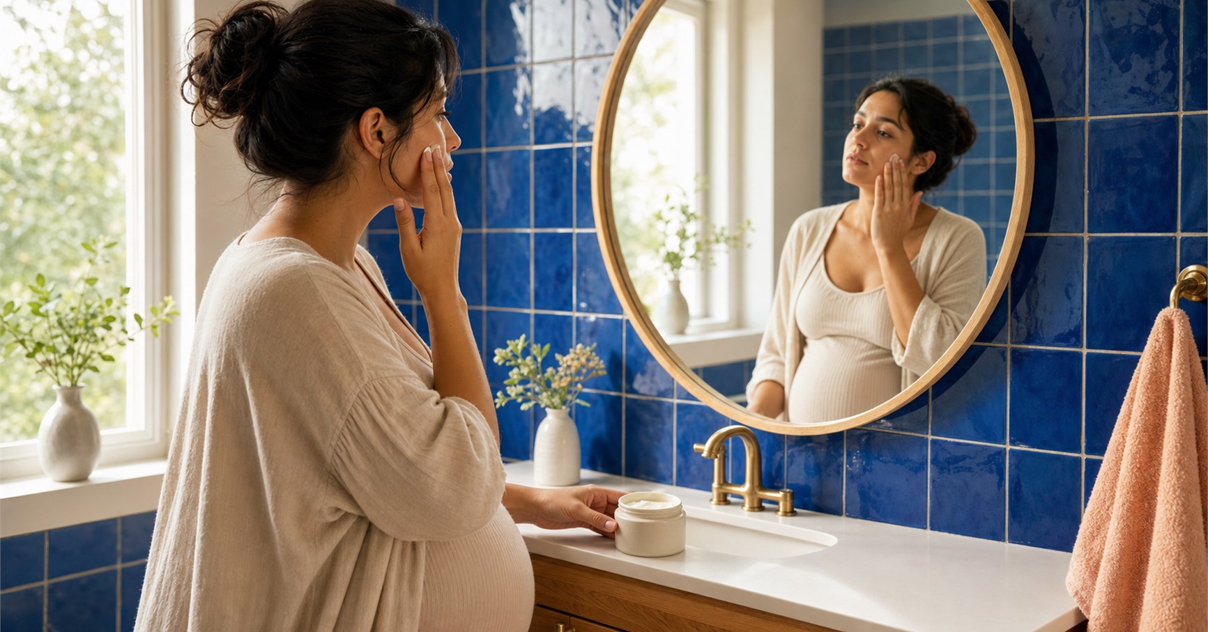 Pregnant woman dabs moisturizer on her cheek while looking into a round bathroom mirror.