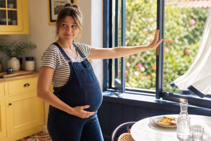 Pregnant woman in denim overalls opens a kitchen window while resting one hand on her belly.