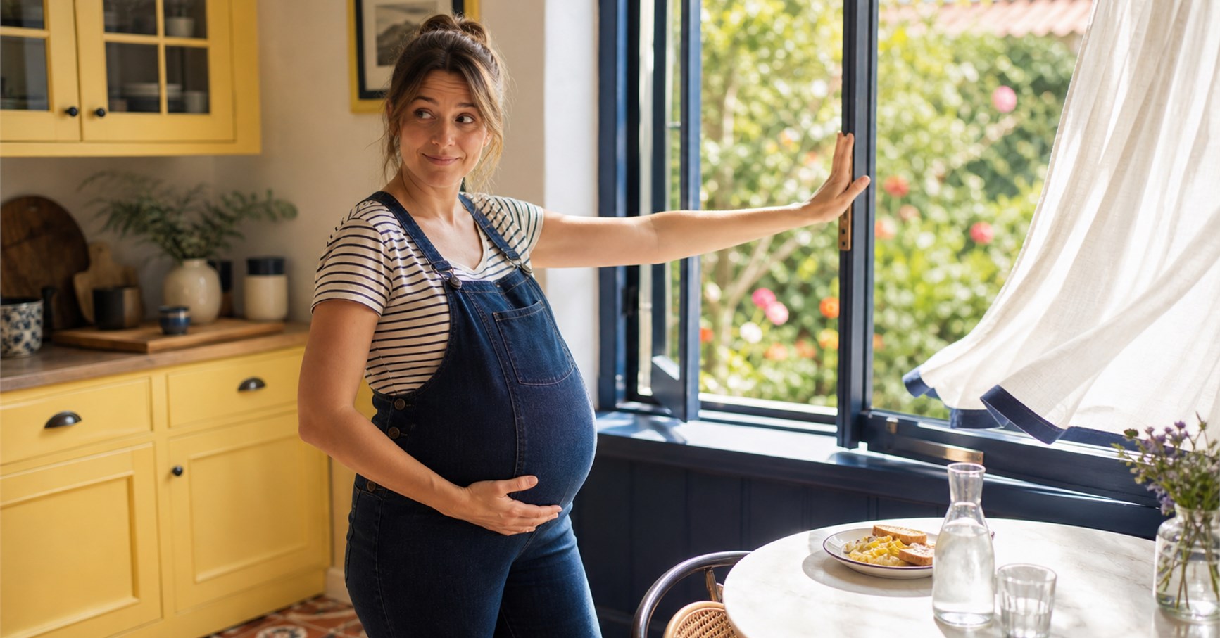 Pregnant woman in denim overalls opens a kitchen window while resting one hand on her belly.