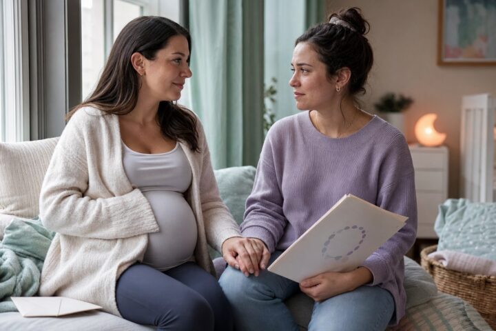 Pregnant woman holds hands with a friend carrying a fertility clinic folder beside a face-down ultrasound envelope.