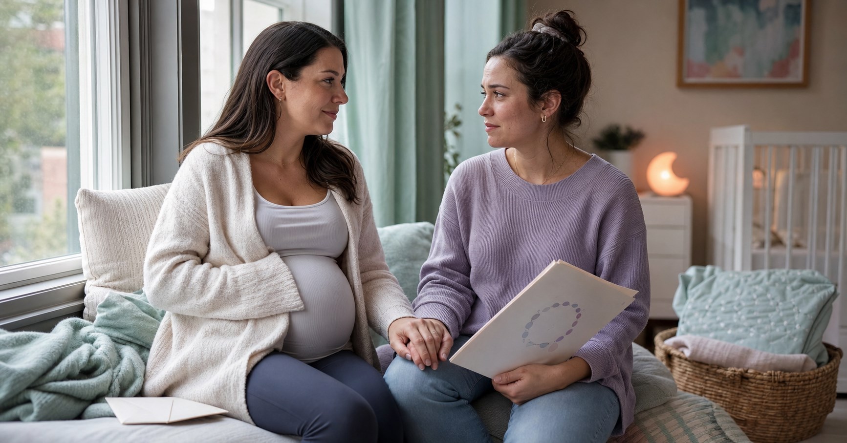 Pregnant woman holds hands with a friend carrying a fertility clinic folder beside a face-down ultrasound envelope.