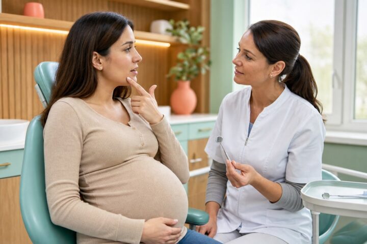 Pregnant woman points near her gumline while speaking with a dentist holding a dental mirror.