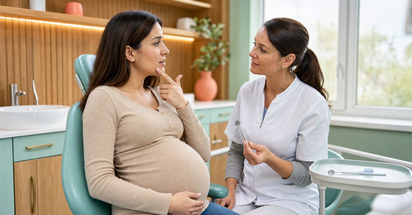 Pregnant woman points near her gumline while speaking with a dentist holding a dental mirror.