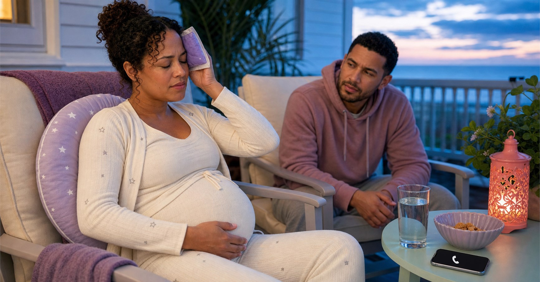 Pregnant woman presses a lavender cool pack to her temple while her partner watches beside water and a phone.
