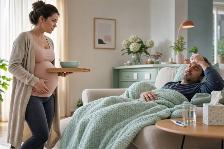 Pregnant woman carries soup toward her husband resting under a blanket with tissues, water, and a thermometer.