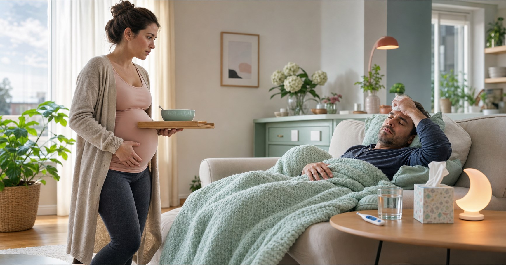 Pregnant woman carries soup toward her husband resting under a blanket with tissues, water, and a thermometer.