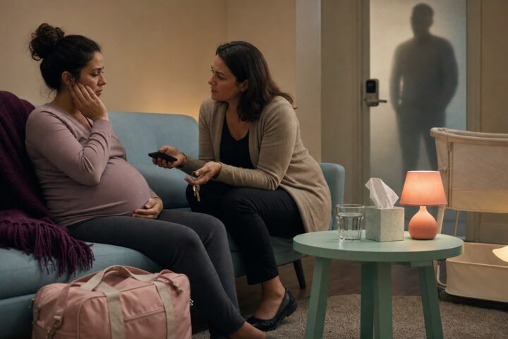Pregnant woman holds her cheek while an advocate offers a phone and keys in a safe room with a closed frosted door.