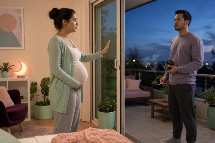 Pregnant woman raises a calm boundary-setting hand while her husband holds a joint outside on the patio.