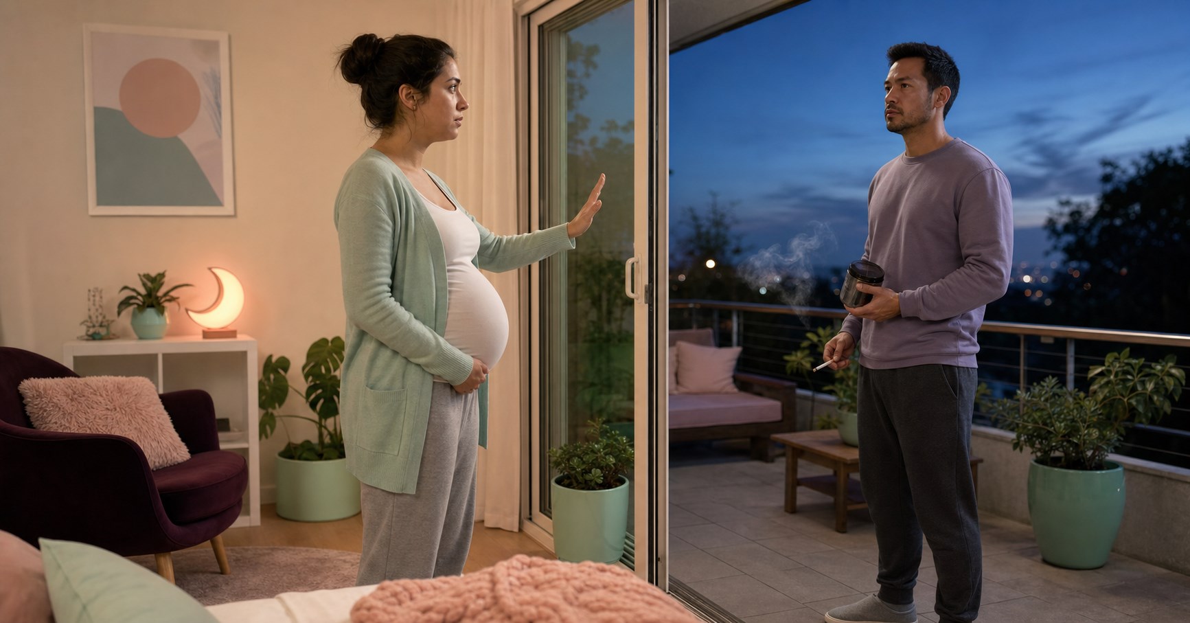 Pregnant woman raises a calm boundary-setting hand while her husband holds a joint outside on the patio.