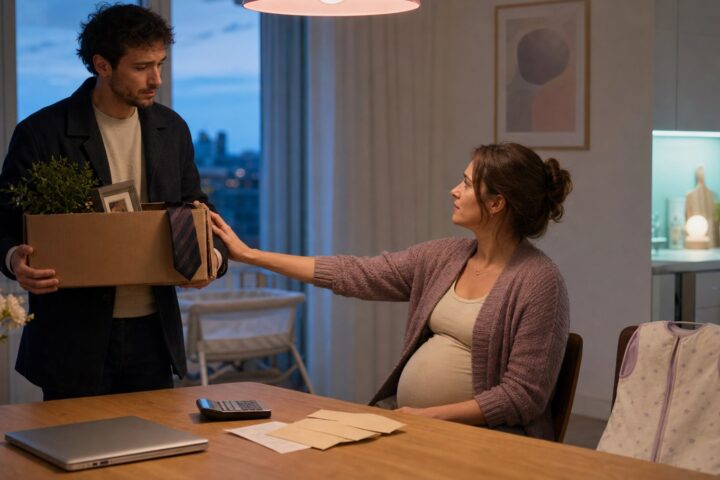 Pregnant woman seated at a table reaching toward her husband as he carries a box of office belongings.