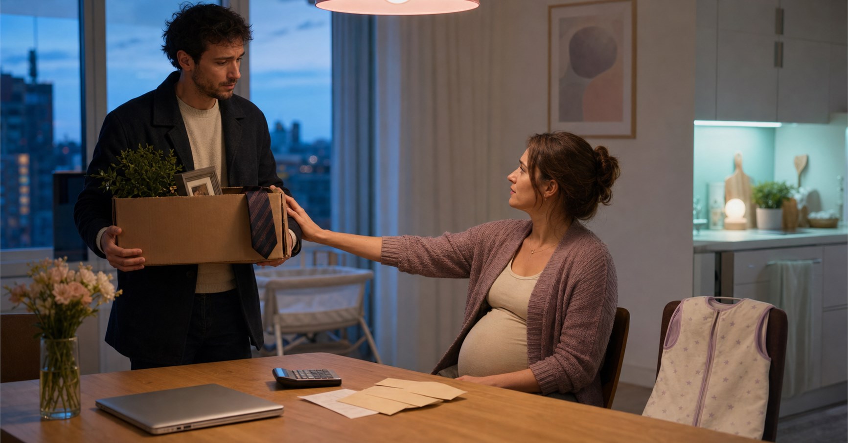 Pregnant woman seated at a table reaching toward her husband as he carries a box of office belongings.