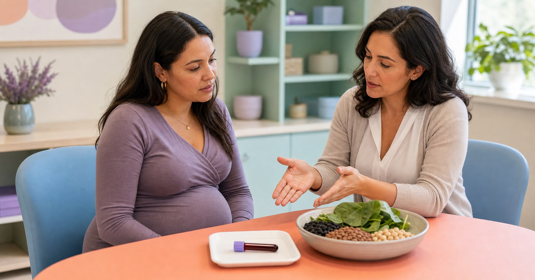Pregnant woman and prenatal clinician discuss a sealed blood vial beside spinach, lentils, and beans.