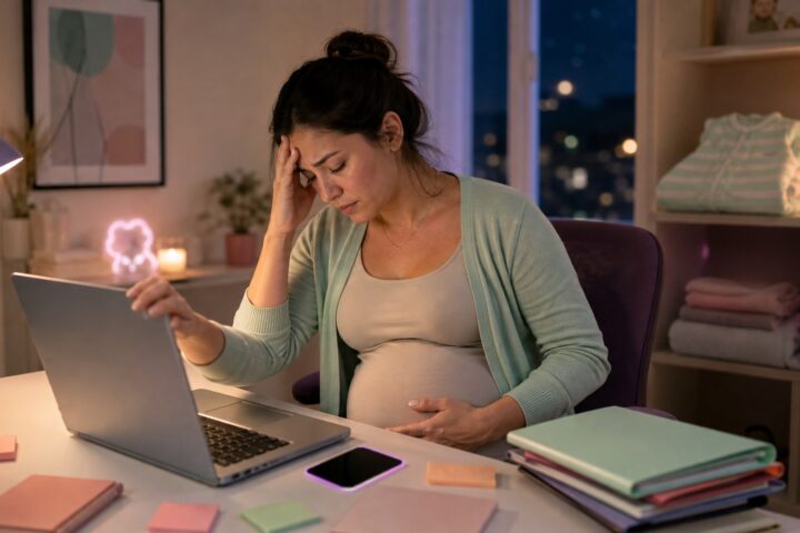 Pregnant woman rubs her forehead while closing a laptop at a busy home-office desk after dark.
