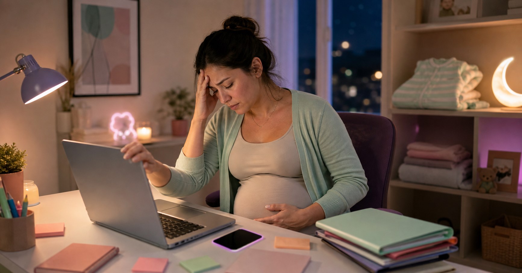 Pregnant woman rubs her forehead while closing a laptop at a busy home-office desk after dark.