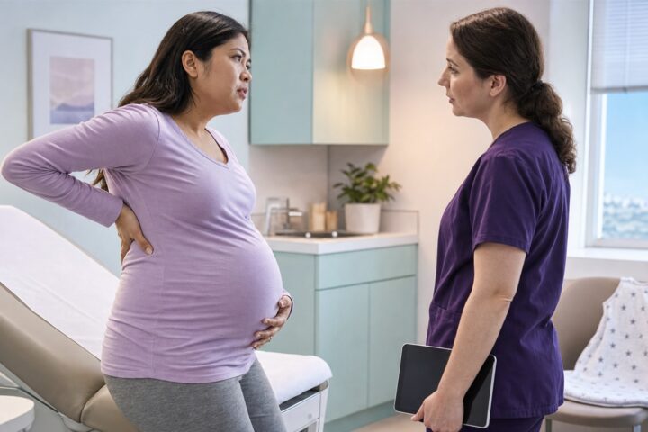 Pregnant patient presses her flank while explaining the pain location to a prenatal clinician.