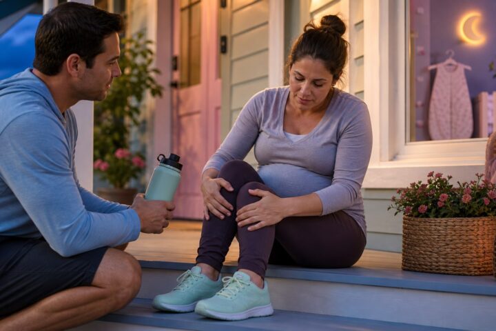 Pregnant woman massages both knees on a porch step while her partner offers a water bottle.