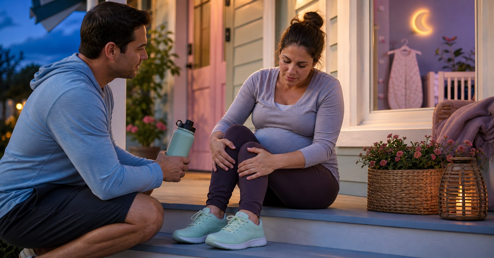 Pregnant woman massages both knees on a porch step while her partner offers a water bottle.
