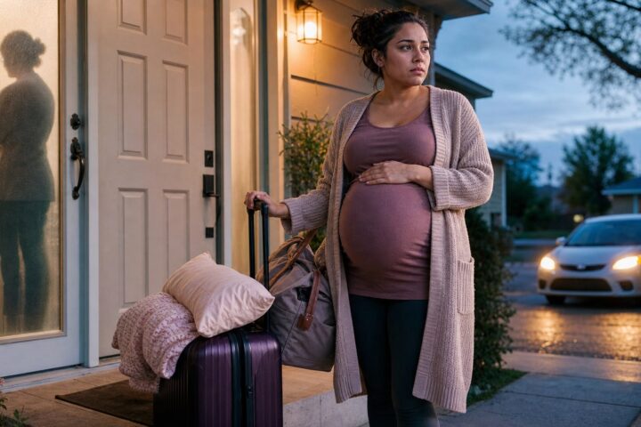 Pregnant woman stands outside a closed front door with packed luggage while an older silhouette remains inside.