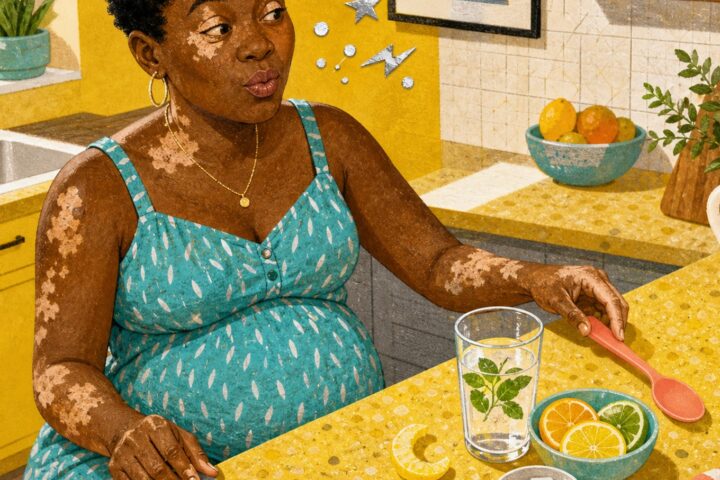 A pregnant woman reaches for a coral spoon beside lemon water and citrus as silver foil shapes float near her mouth.