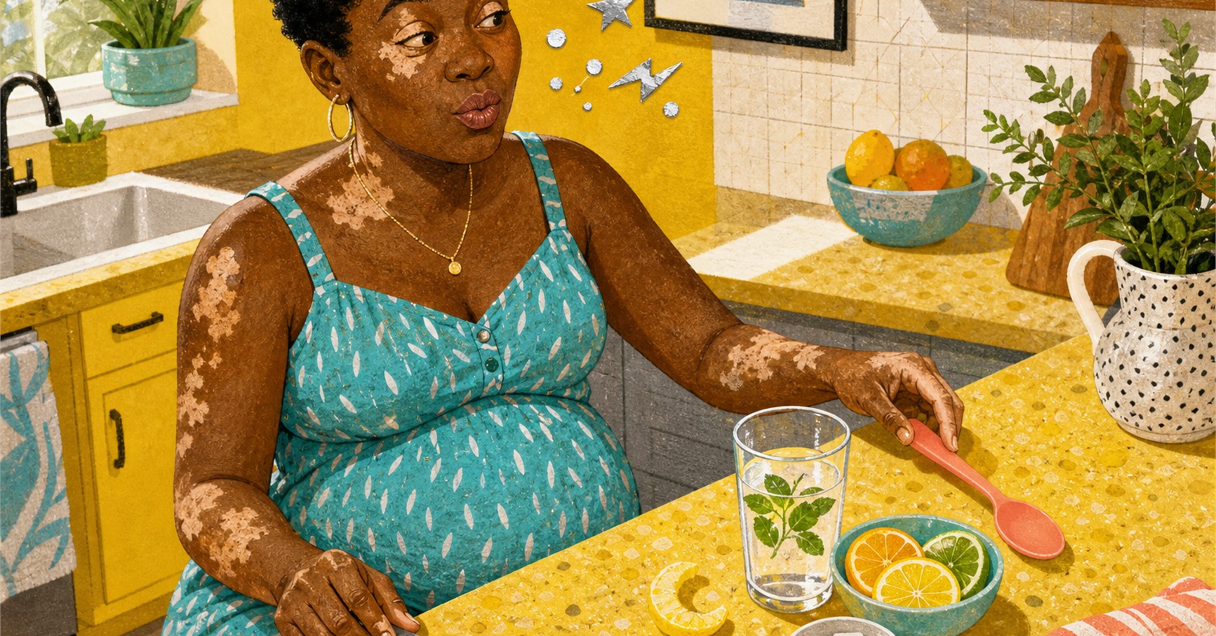 A pregnant woman reaches for a coral spoon beside lemon water and citrus as silver foil shapes float near her mouth.