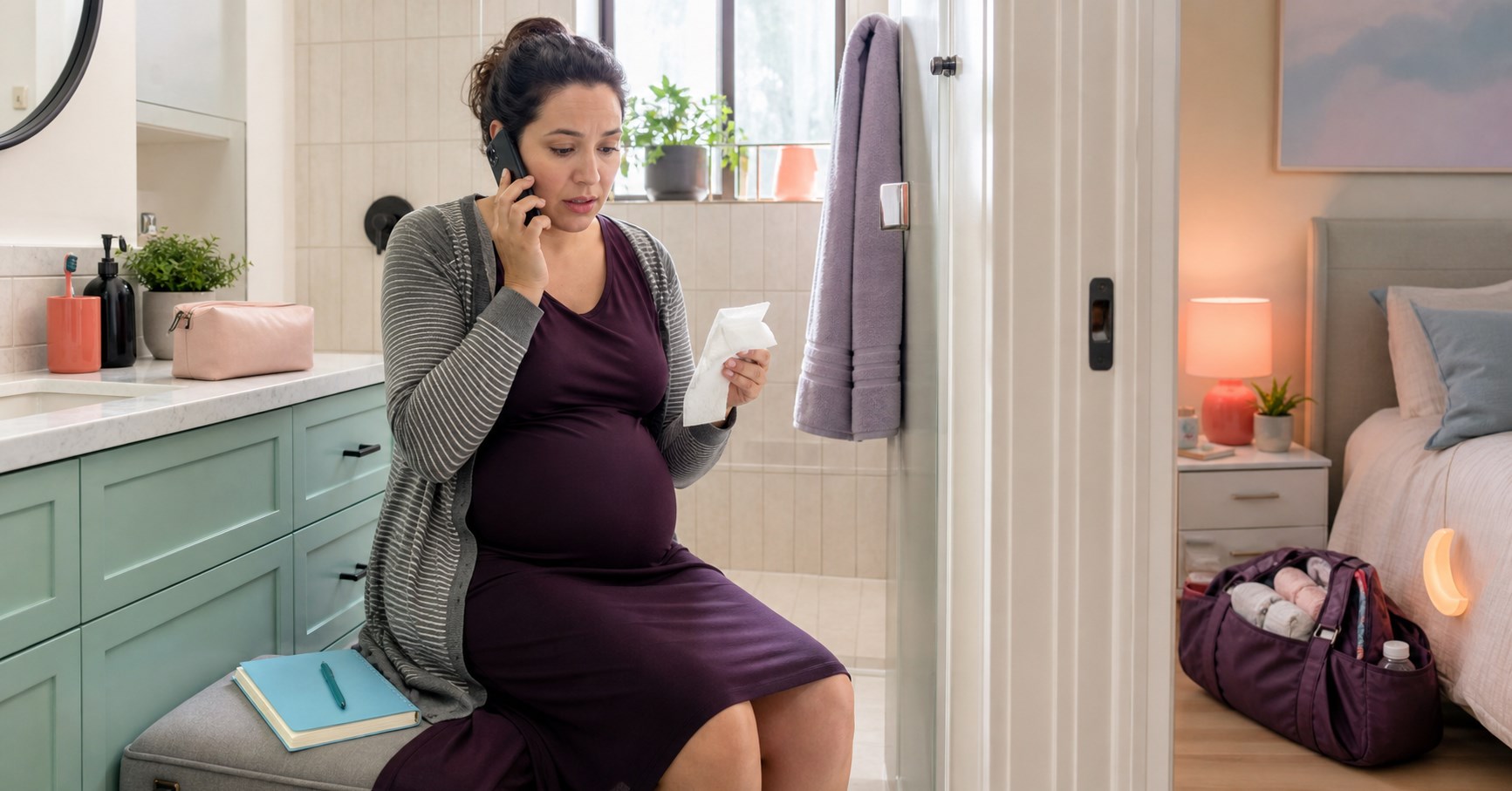 Late-pregnancy woman holds a folded tissue and calls a clinician from the bathroom with a packed hospital bag nearby.
