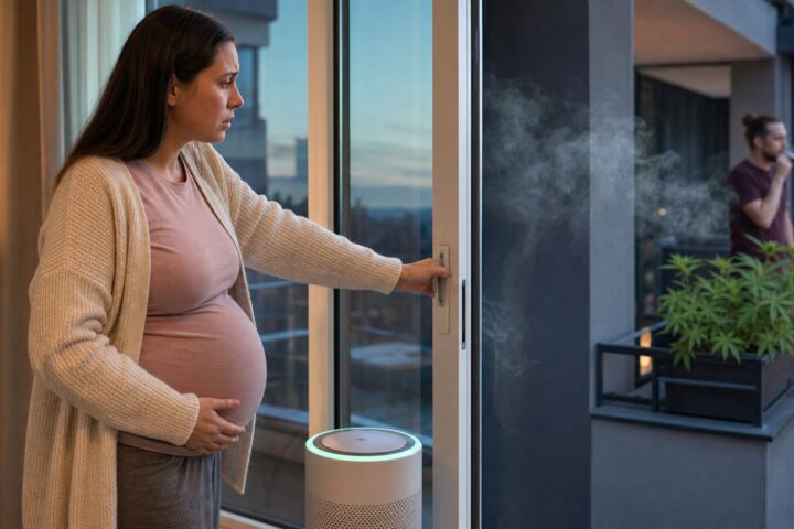 Pregnant woman closes her balcony door as smoke drifts from a neighboring balcony where a man is smoking.