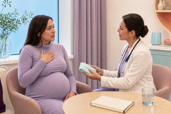 Fully clothed pregnant woman rests a hand on her upper chest while a clinician offers a wrapped cool compress