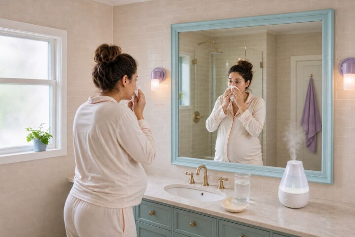 Pregnant woman in pajamas holds a tissue to her nose while cool mist rises beside her bathroom mirror.