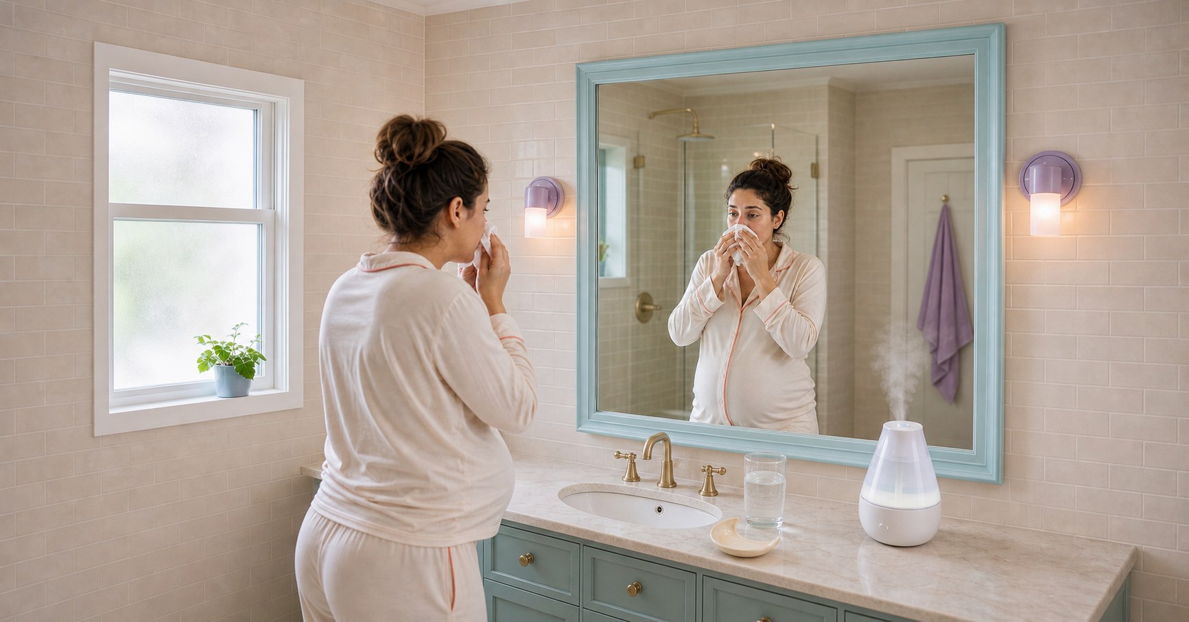 Pregnant woman in pajamas holds a tissue to her nose while cool mist rises beside her bathroom mirror.