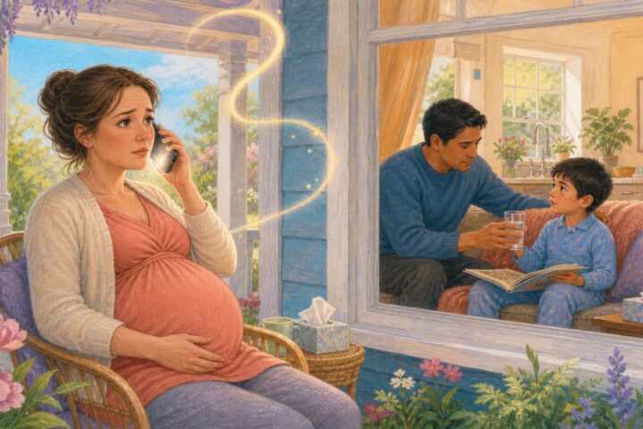 Pregnant woman phones from the porch while a father offers water to a child with small rash spots inside the home.
