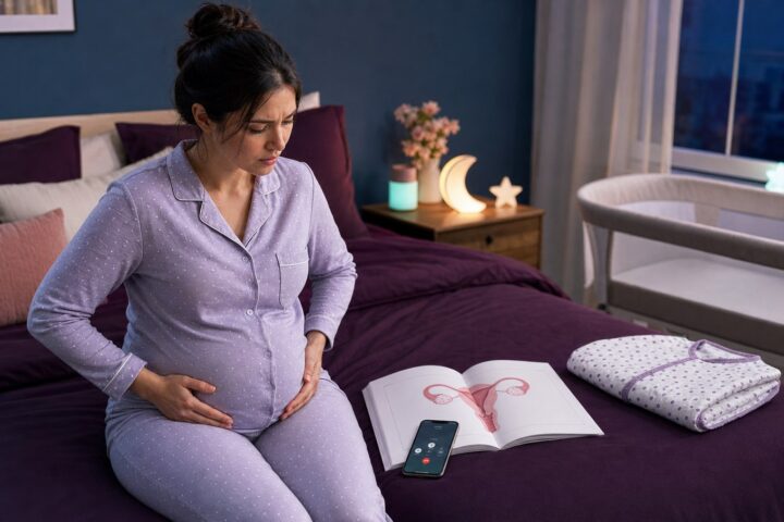 Pregnant woman holds both sides of her lower abdomen beside an open ovary diagram and a phone call.