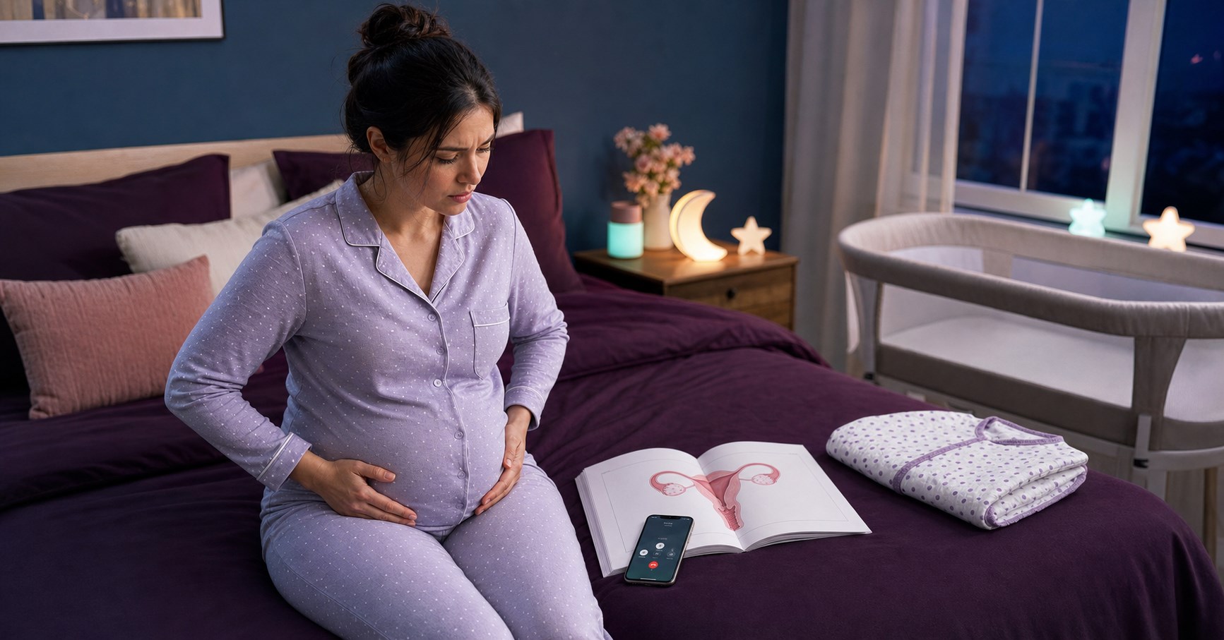 Pregnant woman holds both sides of her lower abdomen beside an open ovary diagram and a phone call.