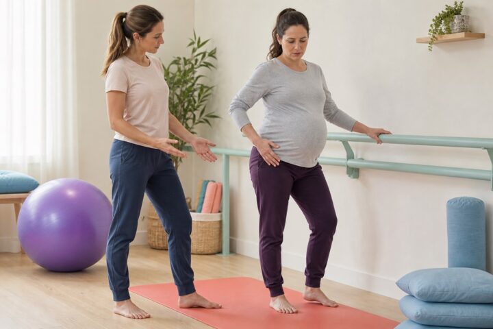 Pregnant woman holds a mint rail and touches her outer hip as a prenatal therapist guides her stance.