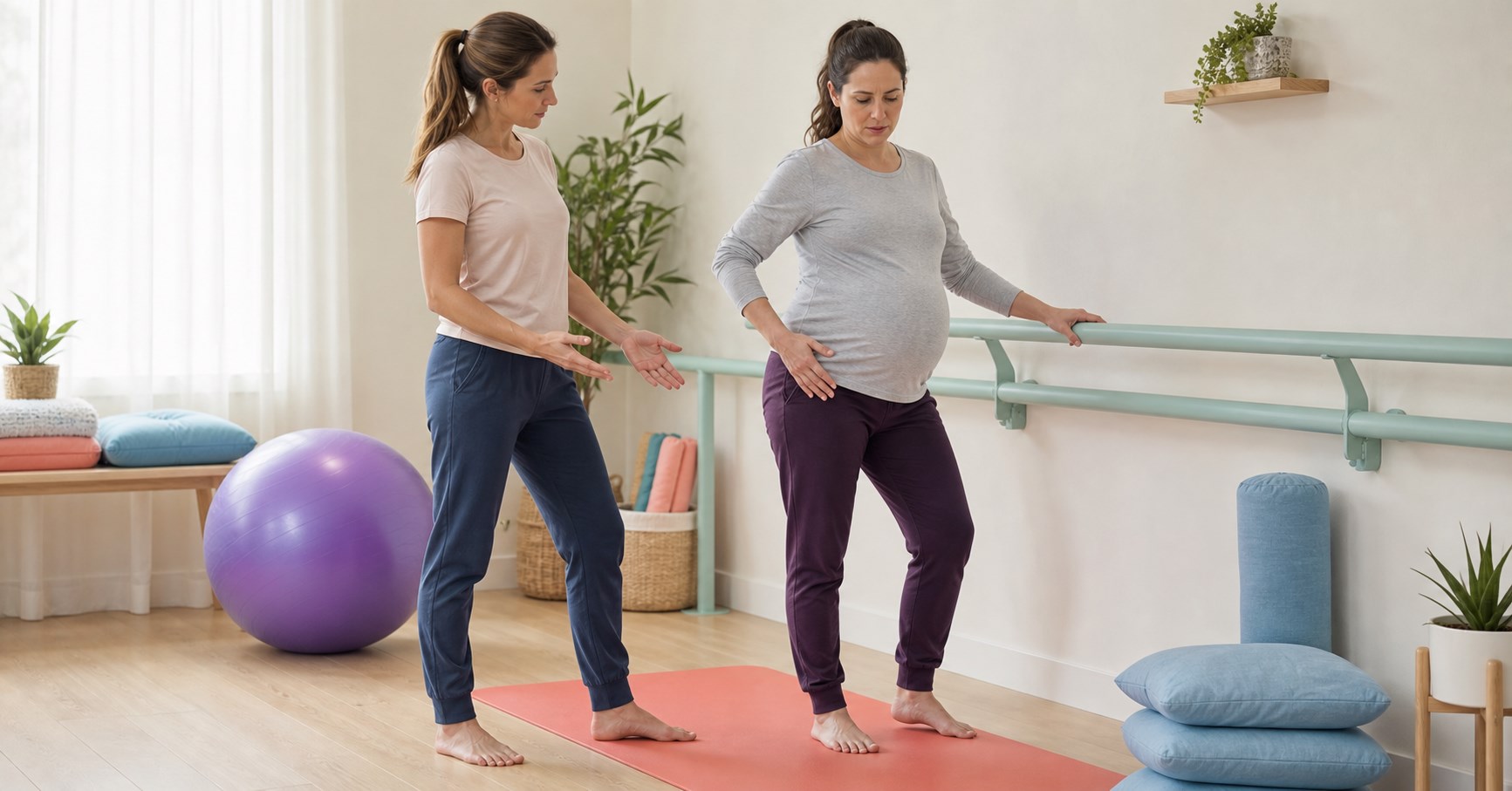 Pregnant woman holds a mint rail and touches her outer hip as a prenatal therapist guides her stance.