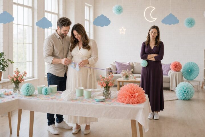 Pregnant woman and her husband clip baby socks to party ribbon while his sister stands apart with folded arms.