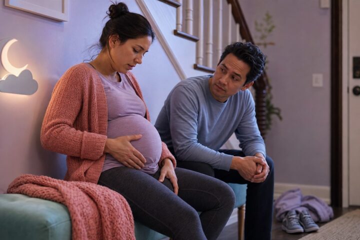 A pregnant woman sits safely on an entryway bench with one hand on her belly and the other holding her upper thigh.