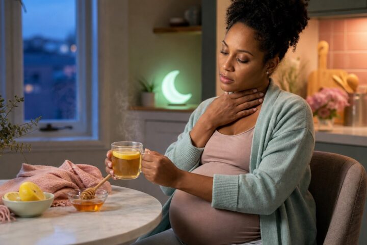 Pregnant woman touches her throat while holding a steaming mug of lemon tea in a softly lit kitchen.