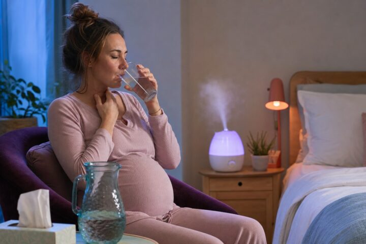 Pregnant woman sips water and touches her throat beside a glowing cool-mist humidifier at night.
