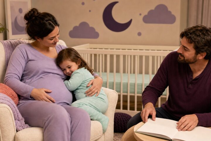A pregnant mother comforts a toddler hugging her side while her partner prepares a blank bedtime book beside a bare crib.