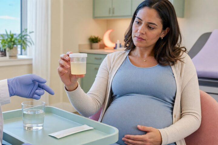 A pregnant woman holds a sealed cup of cloudy pale urine while a clinician points toward a glass of water.