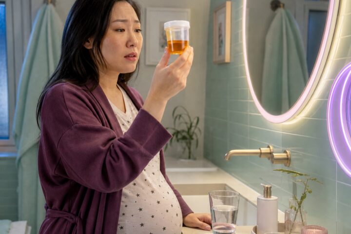 Pregnant woman in a plum robe checks a sealed cup of orange urine beside a glass of water in a mint bathroom at night.