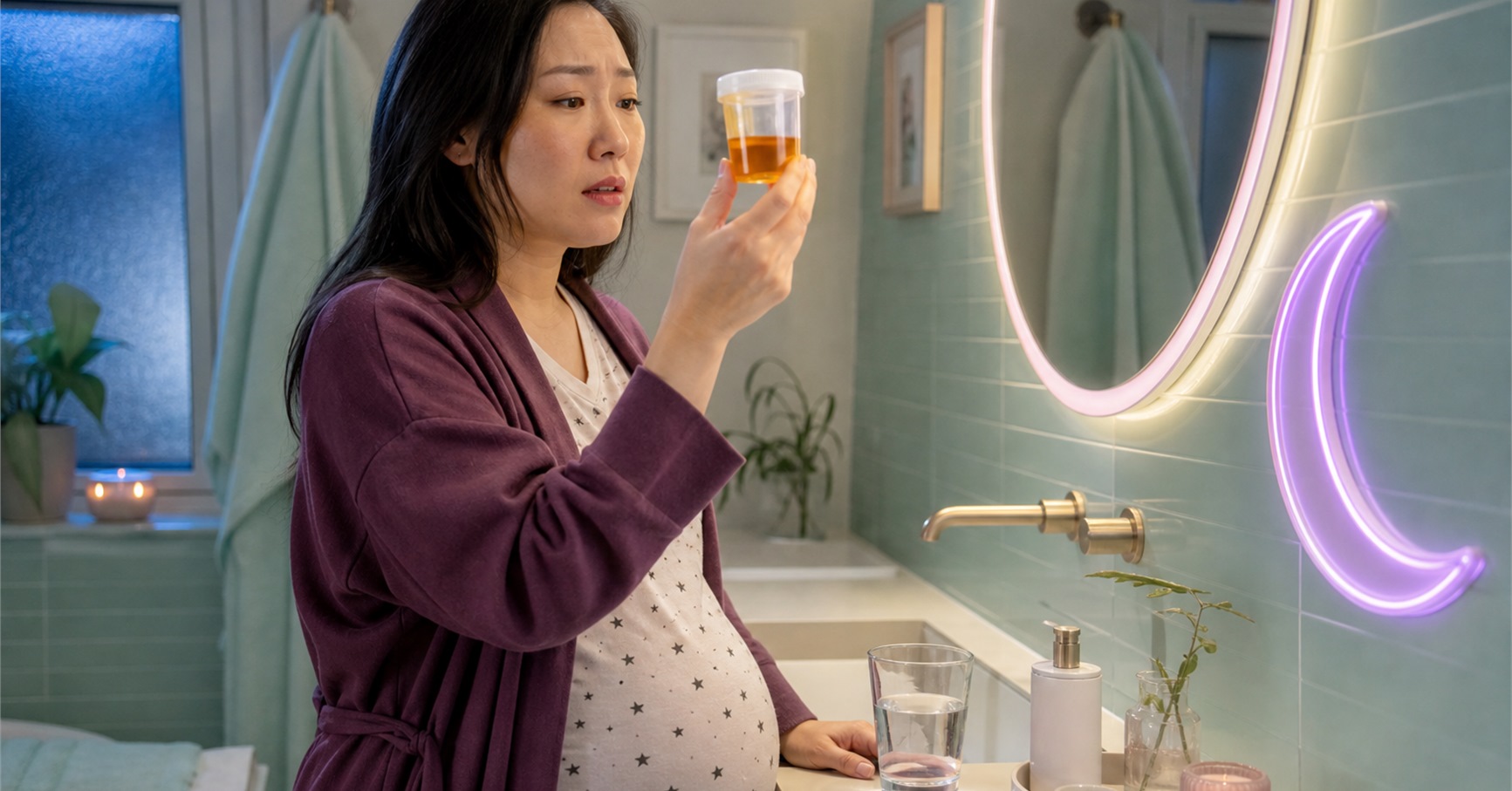 Pregnant woman in a plum robe checks a sealed cup of orange urine beside a glass of water in a mint bathroom at night.