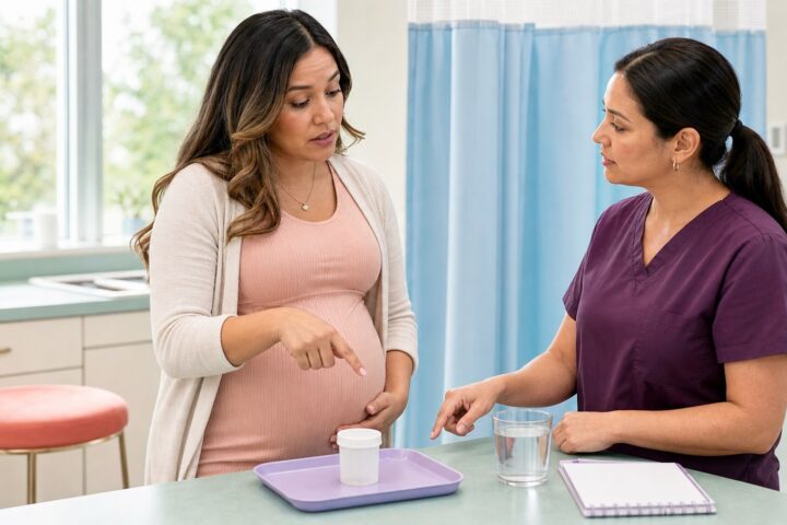 Pregnant woman and nurse point toward a sealed white sample cup and a glass of water on a mint counter.