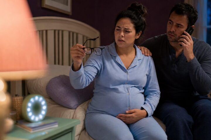 Pregnant woman squints at her glasses beside a blurred bedside lamp while her partner calls for medical guidance.