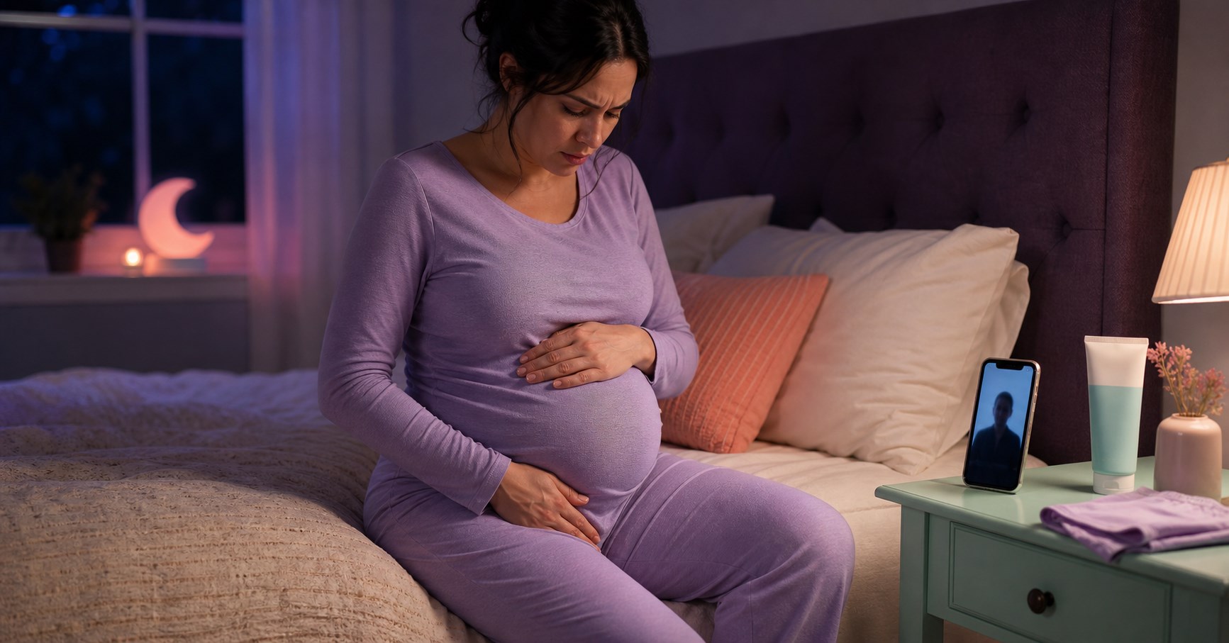 Pregnant woman in lavender pajamas sitting on a bed with one hand near her inner thigh during a nighttime telehealth call.